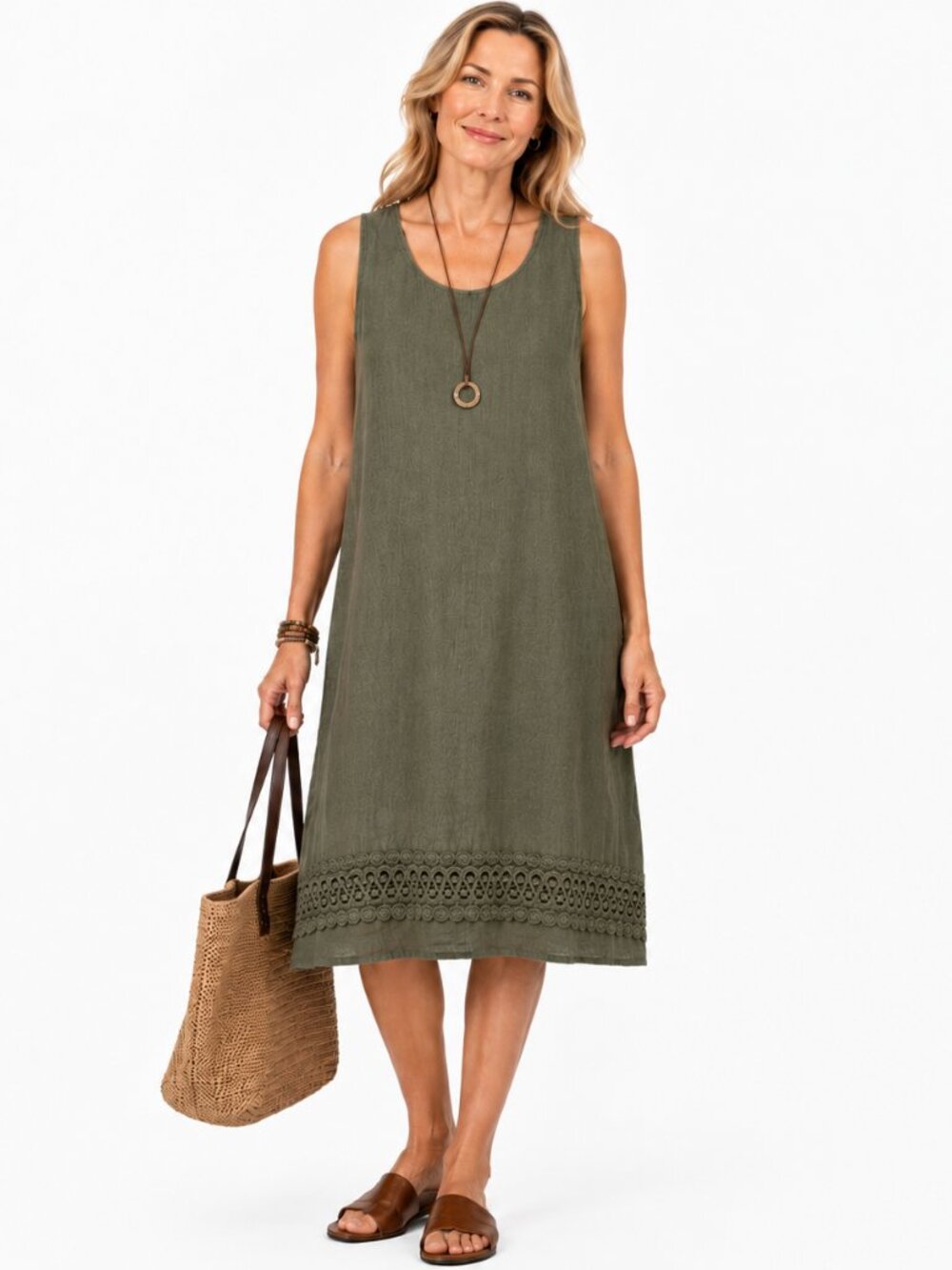 Rosemarine Linen Dress S Sage Green Lagenlook Crochet Lace Inset Coastal Italy